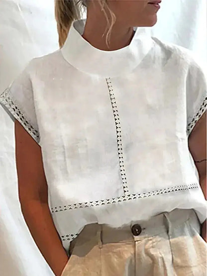 Women's Cotton Linen Pullover Shirt, Elegant Lace Trim Slim Fit Stand Collar Top for Summer Streetwear by All Mart Bristol Ltd