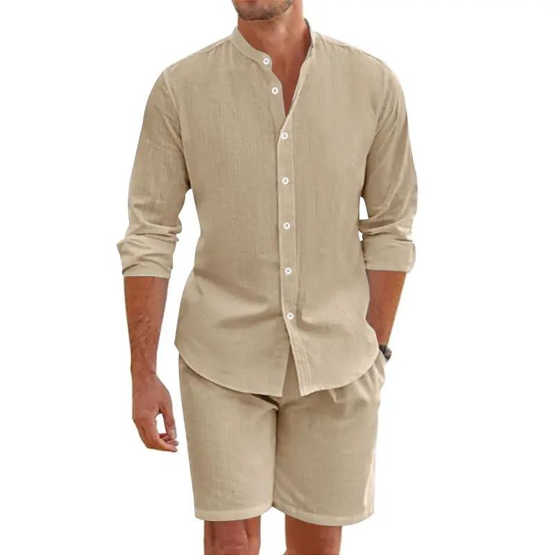 Summer Short Shirt Suit Fashion Lapel Button Down Short Sleeve Top And Drawstring Shorts Beach Clothing For Men by Dropshipman