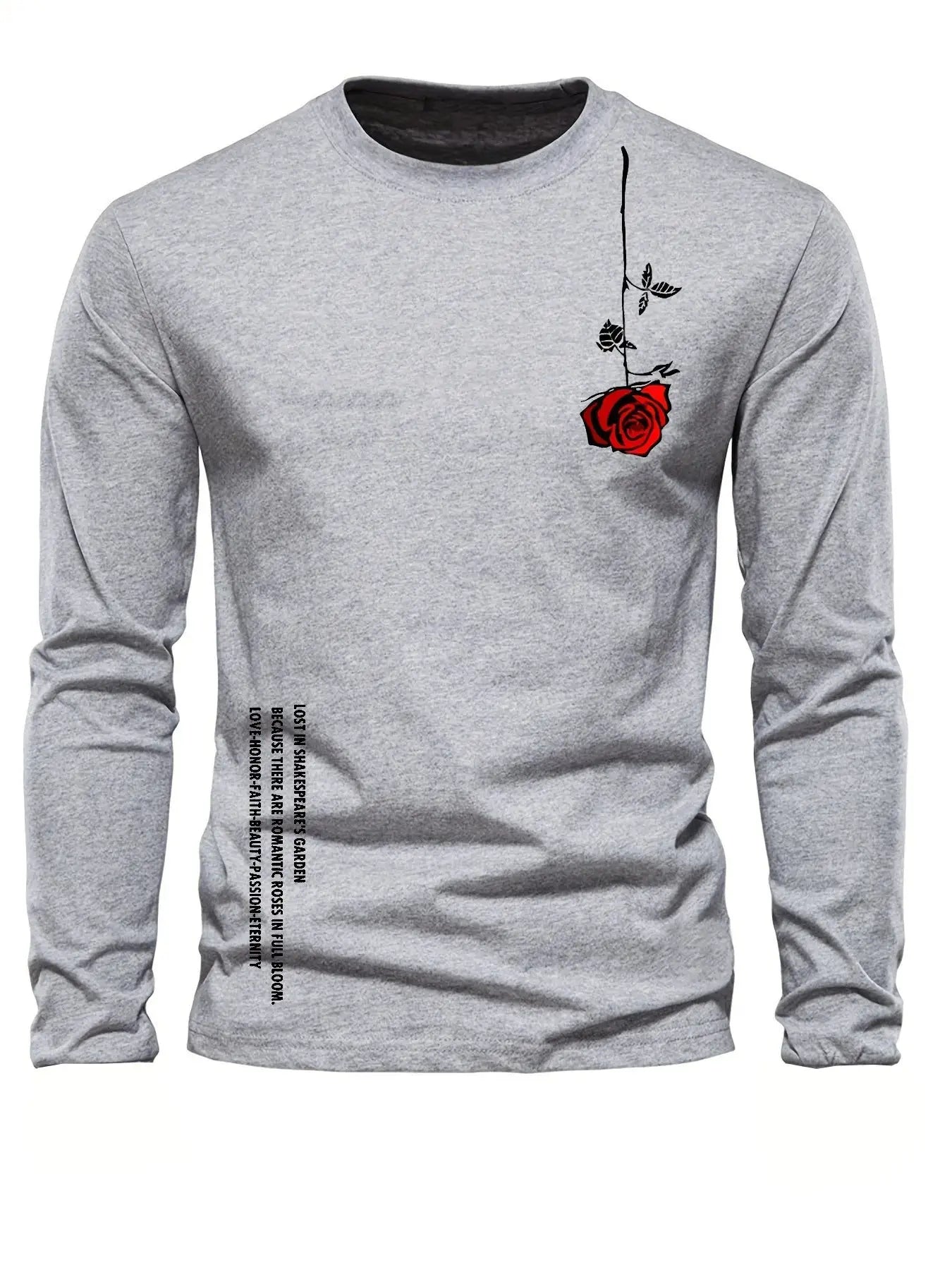 100% pure cotton men's long sleeved round neck loose casual rose letter printed spring and autumn versatile T-shirt top by All Mart Bristol Ltd