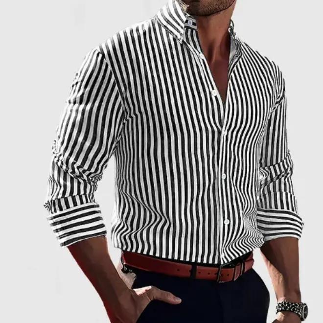 Ins Stripe Printed Long Sleeve Shirt Men Fashion Casual Lapel Button Top Clothing by Dropshipman