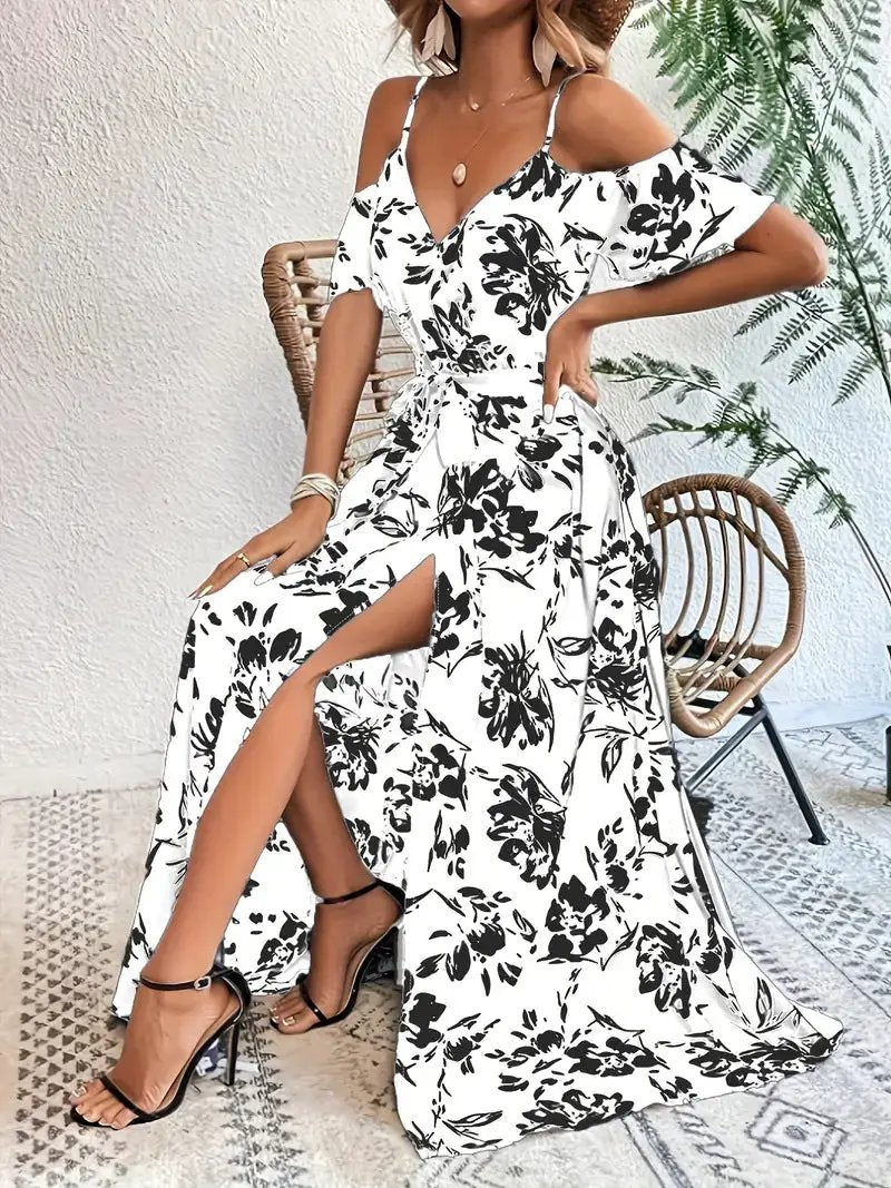 Ins Off-Shoulder Split Dress Summer Floral Print Suspender Long Dresses With Belt Design Women's Beach Clothing by Dropshipman