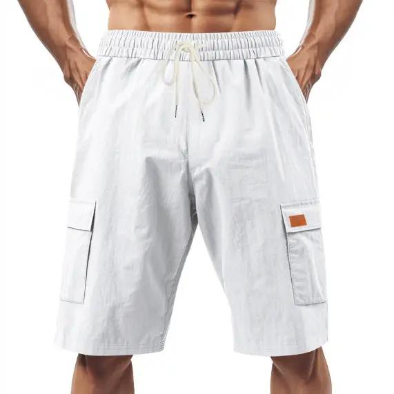 Loose Sports And Leisure Solid Color Linen Drawstring Shorts by Dropshipman