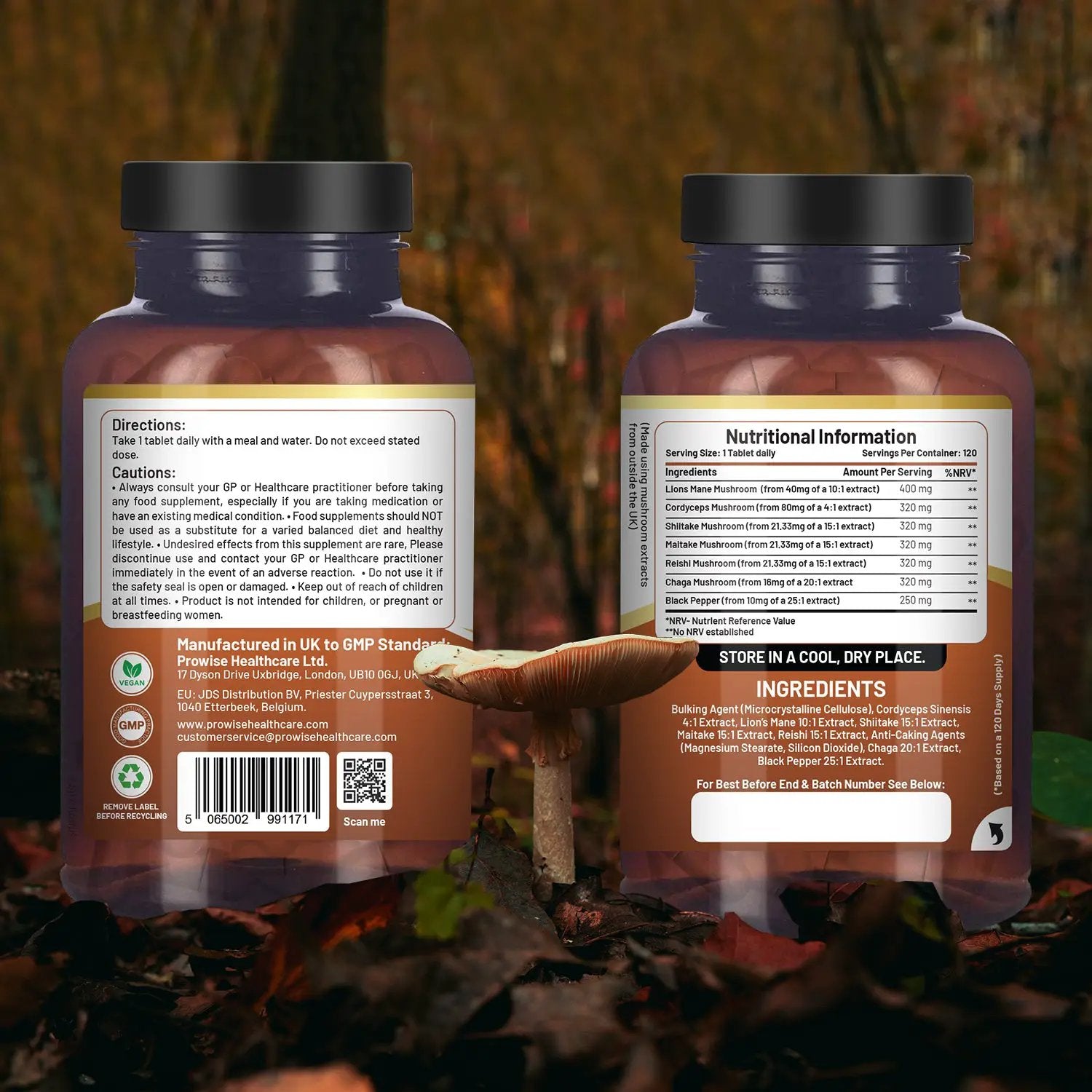dvanced Mushroom Complex 2000mg | A super blend of 6 Mushroom with Lions Mane, Chaga, Cordyceps, Shiitake, Reishi and Maitake with Black Pepper | 120 Vegan High Strength Tablets | Made in UK by Prowise by Prowise Healthcare