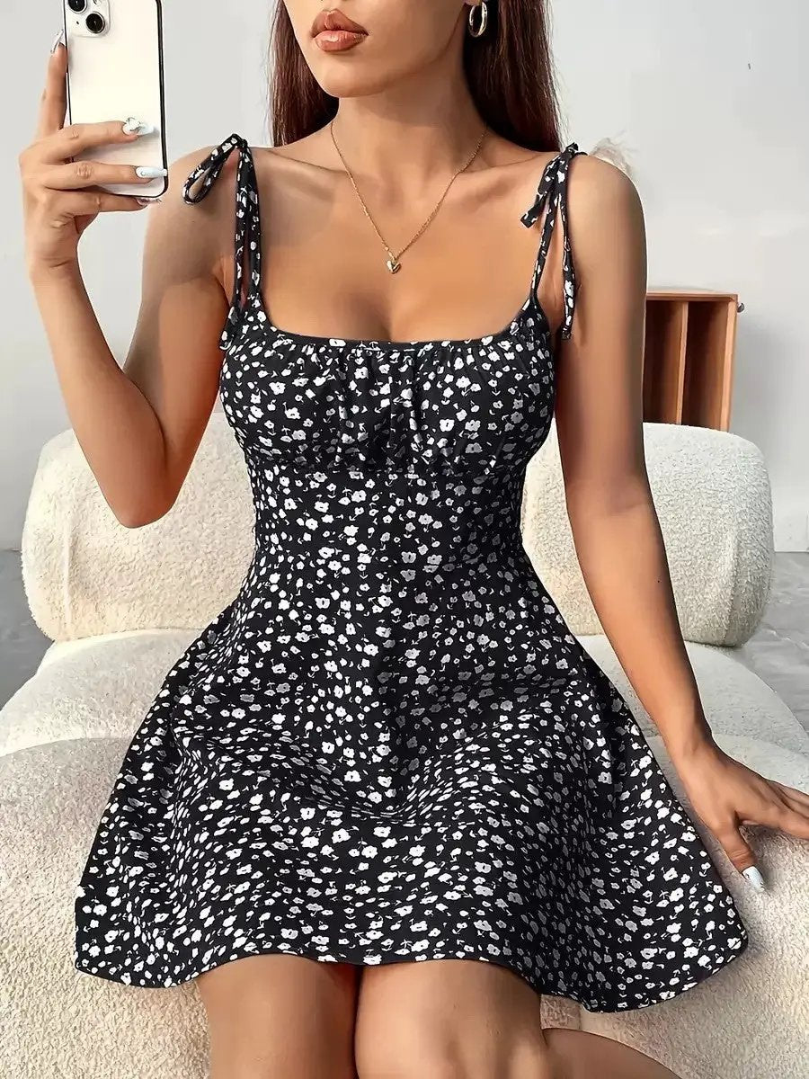 Floral Print Dress Summer Sweet A- Line Waist Trimming Dresses Women's Slimming Casual Clothing by Dropshipman