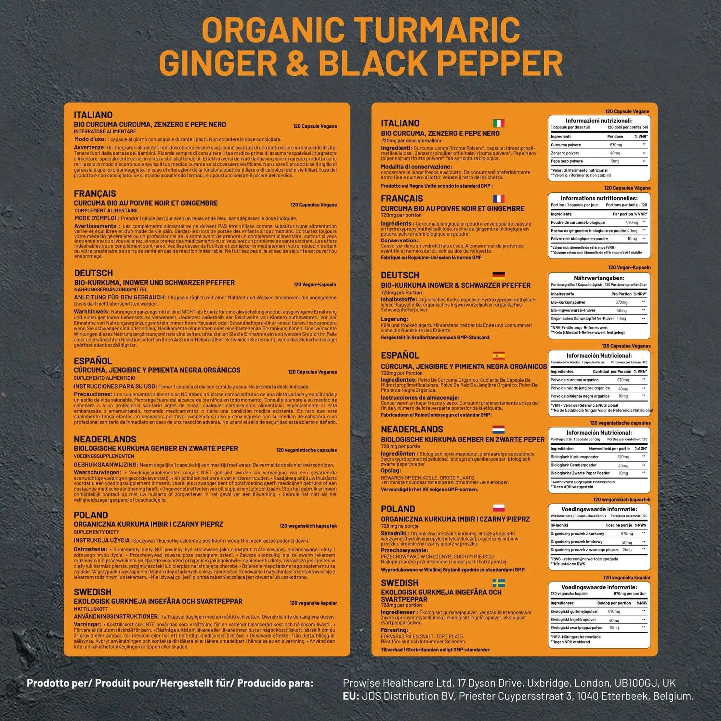 Organic Turmeric Curcumin 720mg - 120 Capsules | Organic Turmeric and Black Pepper Capsules High Strength | Vegan & Vegetarian Turmeric Supplements | Certified Organic by Soil Association by Prowise by Prowise Healthcare