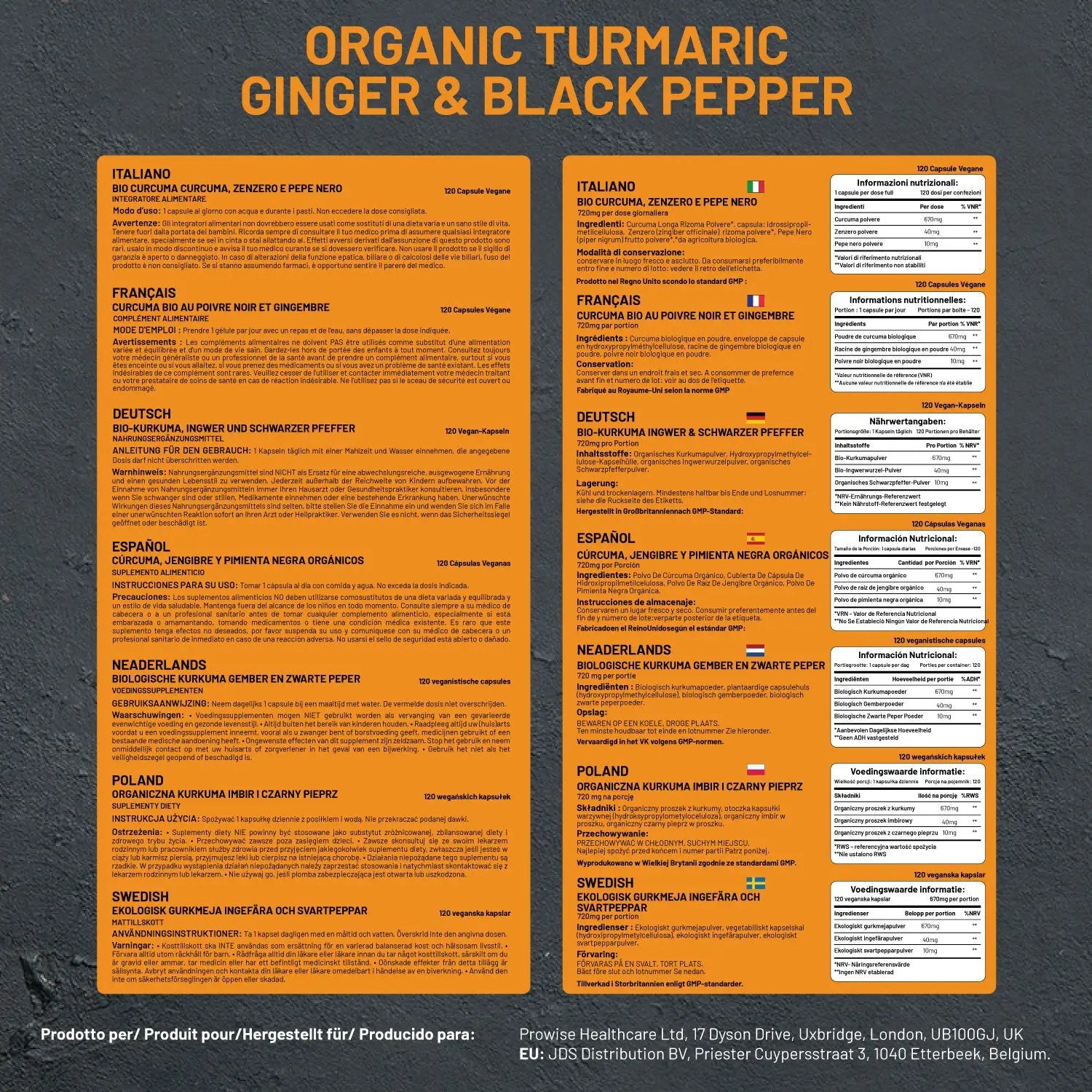 Organic Turmeric Curcumin 720mg - 120 Capsules | Organic Turmeric and Black Pepper Capsules High Strength | Vegan & Vegetarian Turmeric Supplements | Certified Organic by Soil Association by Prowise by Prowise Healthcare