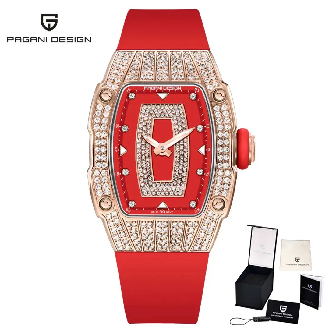 PAGANI DESIGN Top Luxury Diamond encrusted Women's Watch Fashion RubberWaterproof LuminousWine Bucket Case Women'sWatch+Gift Box by All Mart Bristol Ltd
