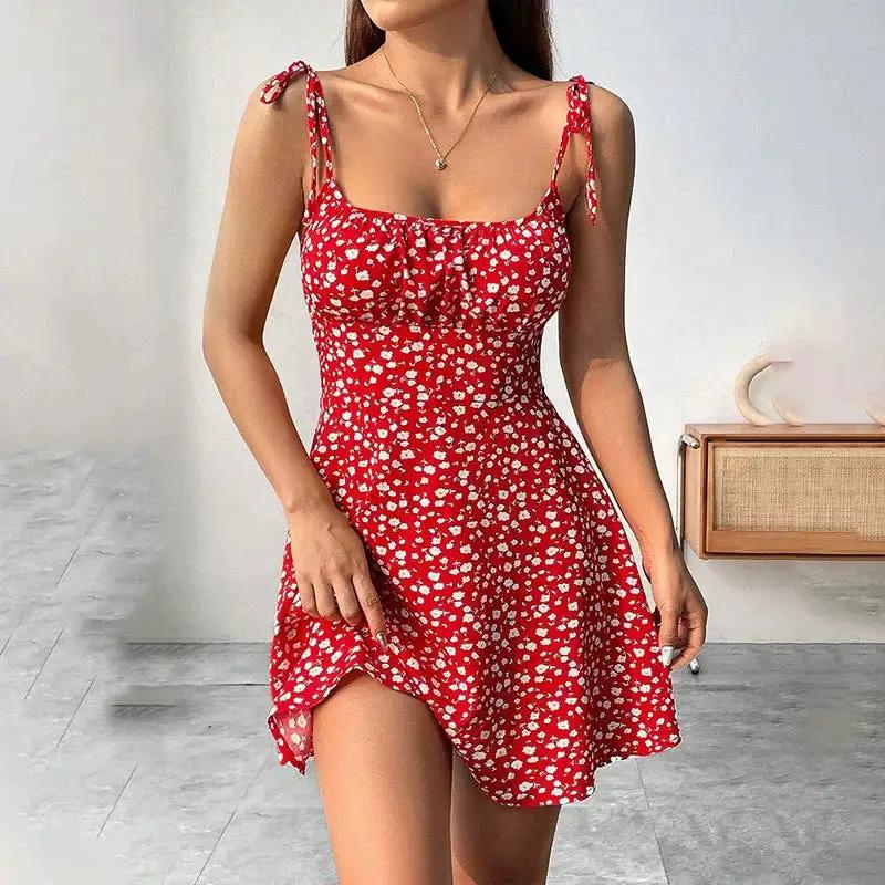 Floral Print Dress Summer Sweet A- Line Waist Trimming Dresses Women's Slimming Casual Clothing by Dropshipman
