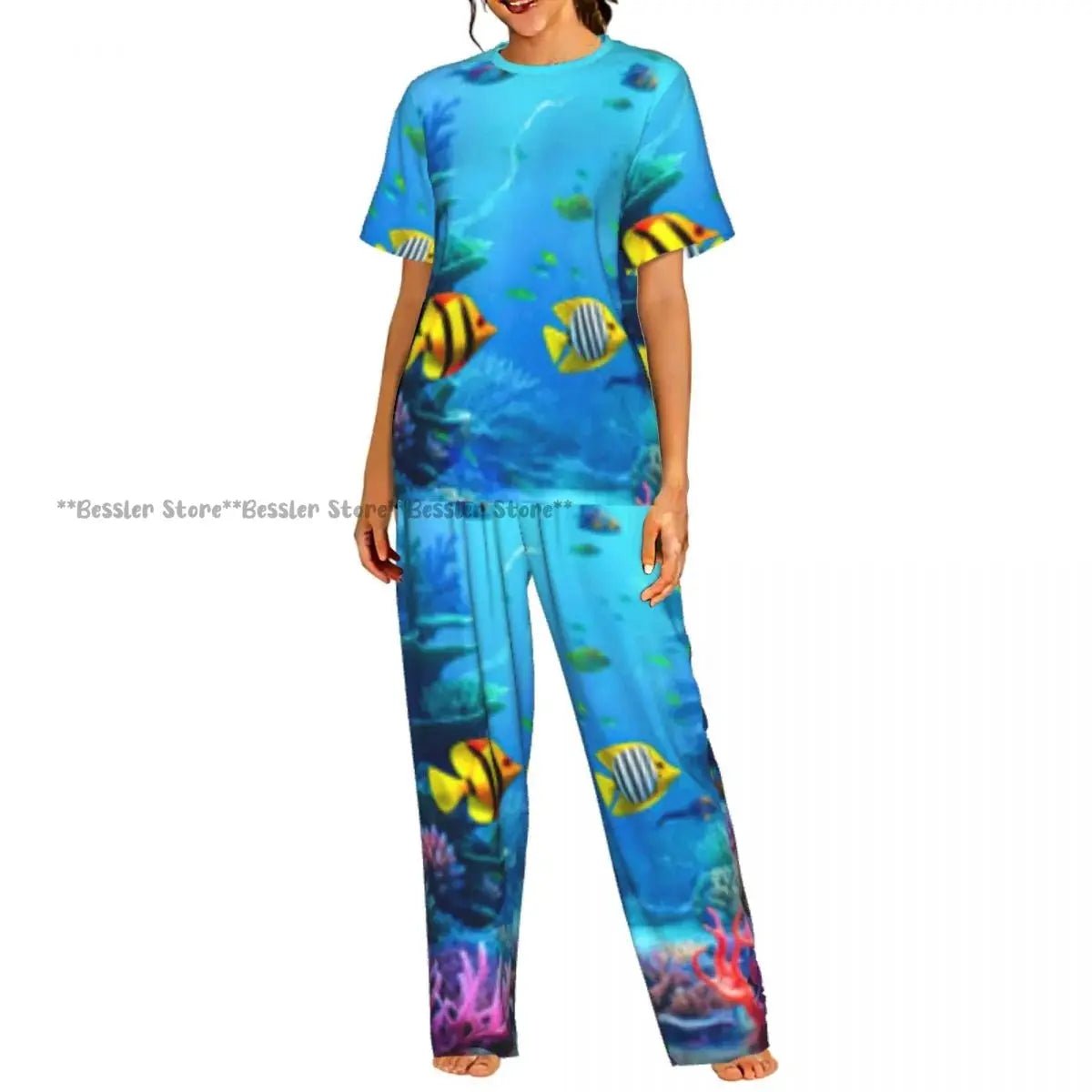 Women's Comfort Pajamas Women's Sea Fish Marine Life Short Sleeve Set Sleepwear by All Mart Bristol Ltd