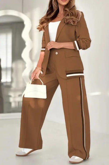 2 Pcs Set Women Suit Coat Pants Suit Lapel Long Sleeves Lady Jacket Wide Leg High Waist Trousers Female Commuting Office Outfit by Dropshipman