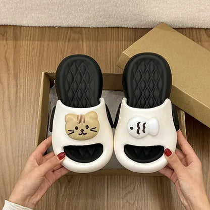 New Cute Kitten Little Fish Comfortable Thick Bottom, One line Dragging Versatile Color blocked Slippers for Home and Indoor Use by All Mart Bristol Ltd