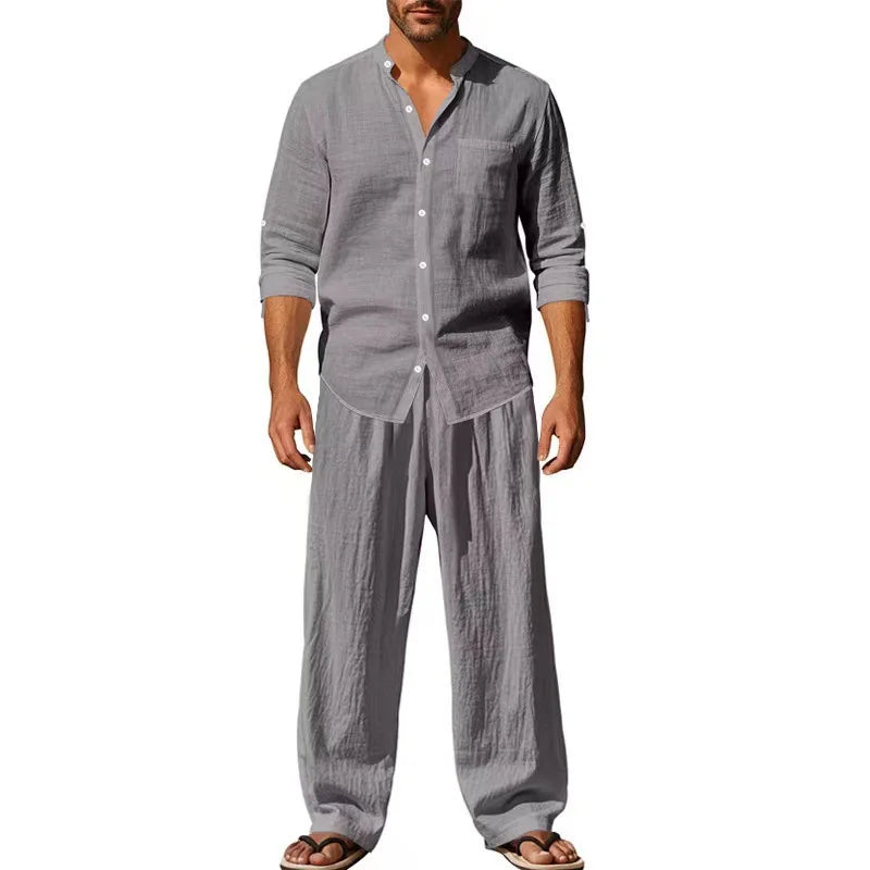 2026 Four Seasons Linen Men's Casual Loose Breathable Long Sleeve Pants Shirt Set by All Mart Bristol Ltd