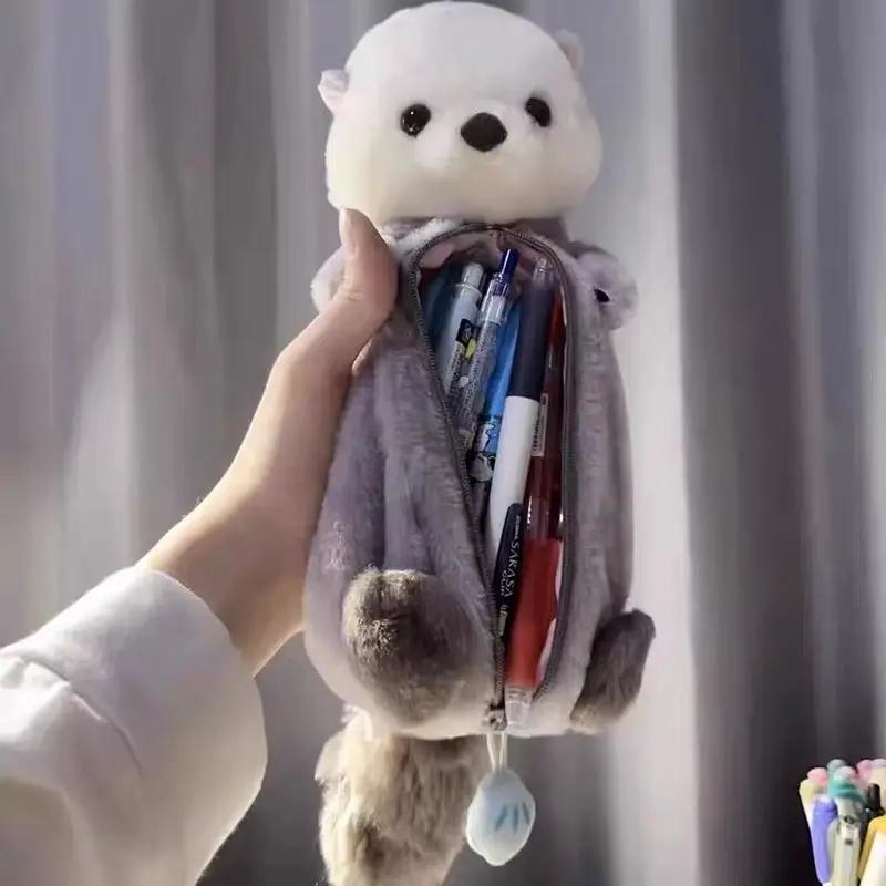 Cartoon Soft Pencil Pouch Pen Bag Makeup Pouch Plush Sea Otter Pencil Case Portable Pen Marker Holder School Supplies by All Mart Bristol Ltd