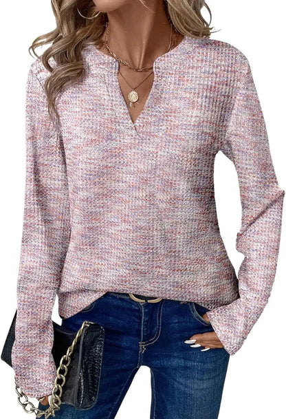 New Womens Notched V-Neck Long Sleeve Space Dye Waffle Knit Blouse Casual Loose Fit Top for Daily Wear by All Mart Bristol Ltd