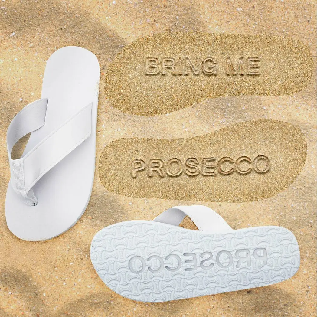 Flo "Bring me Prosecco" Sand Imprint Flip Flops White, Small by Flo