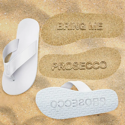 Flo "Bring me Prosecco" Sand Imprint Flip Flops White, Small by Flo