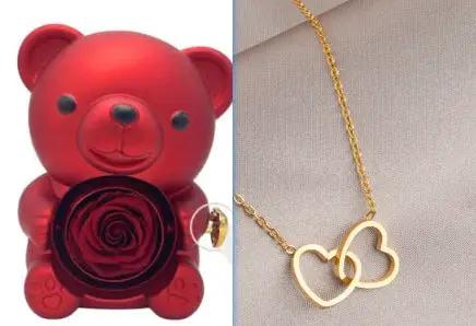 Rotating Bear Gift Box Eternal Rose Teddy Bear Jewelry Box With Necklace Valentine Wedding Special Present For Girlfriend Anniversary Gift Jewelry Box by Dropshipman