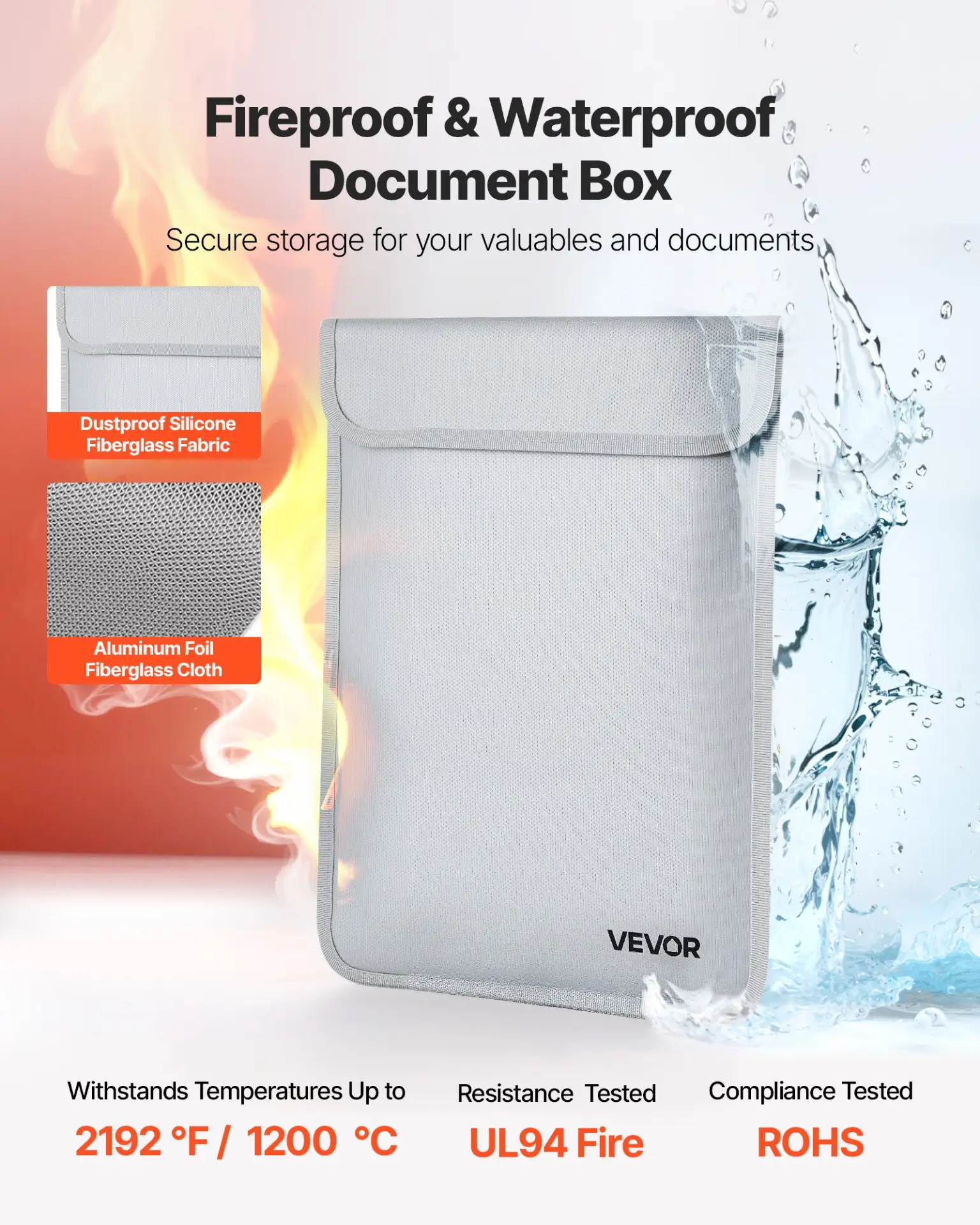 VEVOR Fireproof Document Bag, 2192 ℉ Heat Insulated Fireproof & Waterproof Bag with Smooth Zipper, Portable File Storage Organizer Home Office Travel Use, for Passports, Important Documents, Files by All Mart Bristol Ltd
