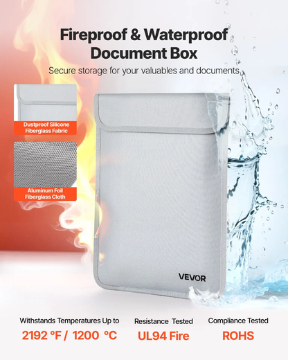 VEVOR Fireproof Document Bag, 2192 ℉ Heat Insulated Fireproof & Waterproof Bag with Smooth Zipper, Portable File Storage Organizer Home Office Travel Use, for Passports, Important Documents, Files by All Mart Bristol Ltd