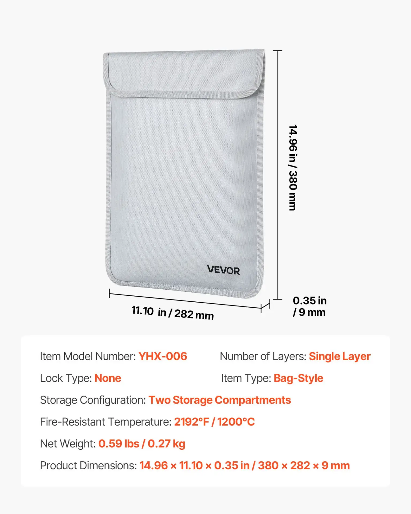 VEVOR Fireproof Document Bag, 2192 ℉ Heat Insulated Fireproof & Waterproof Bag with Smooth Zipper, Portable File Storage Organizer Home Office Travel Use, for Passports, Important Documents, Files by All Mart Bristol Ltd