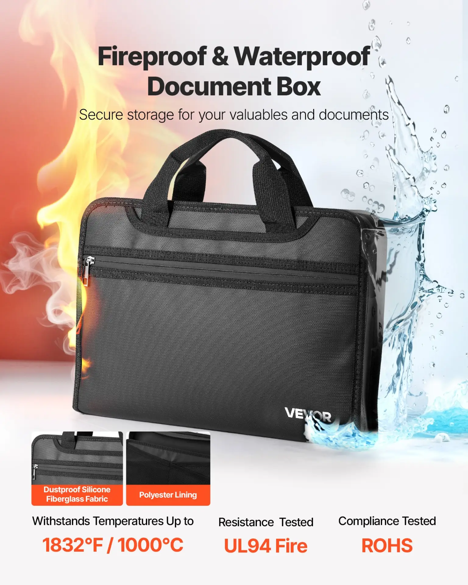 VEVOR Fireproof Document Bag, 1832 ℉ Heat Insulated Fireproof & Waterproof Bag, Portable Multi-Layer File Storage Security Organizer Home Office Travel Use, for Passports, Important Documents, Files by All Mart Bristol Ltd