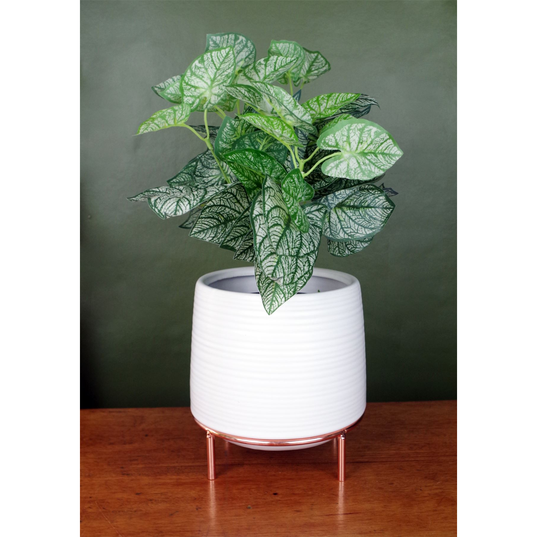 White Ceramic Planter Metal Stand Plant Pot by Leaf