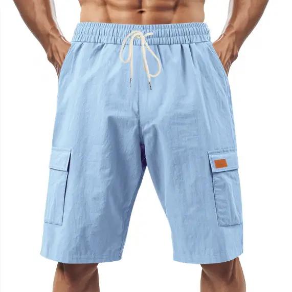 Loose Sports And Leisure Solid Color Linen Drawstring Shorts by Dropshipman