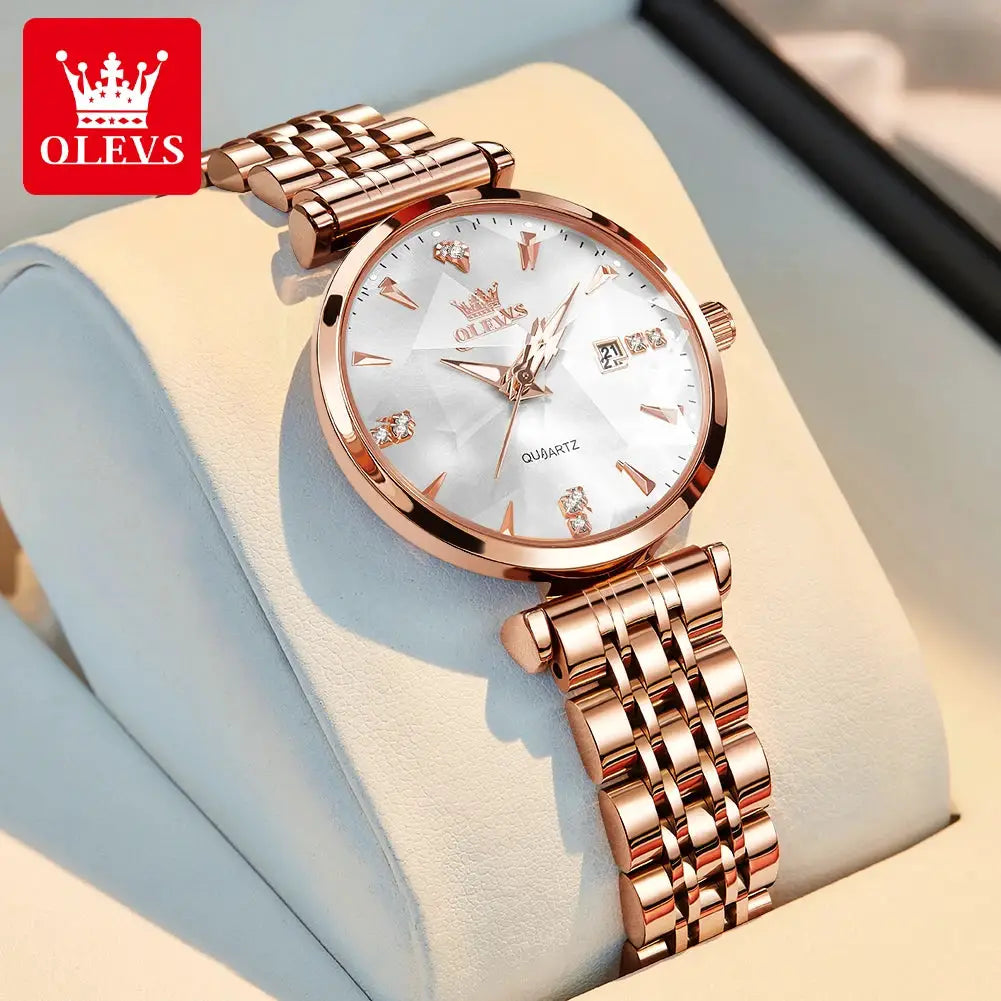 OLEVS brand beautiful women's watches Prism mirror waterproof fashion quartz watch for rose genuine date ladies wristwatch by All Mart Bristol Ltd
