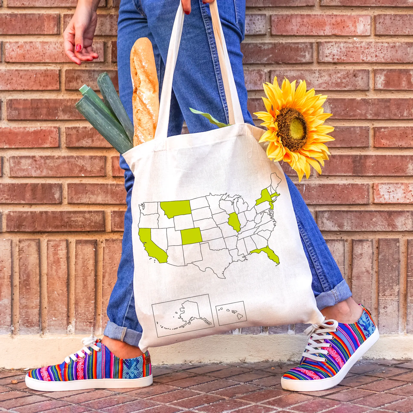 100% Cotton USA Map Colour In Tote Bag by All Mart Bristol Ltd