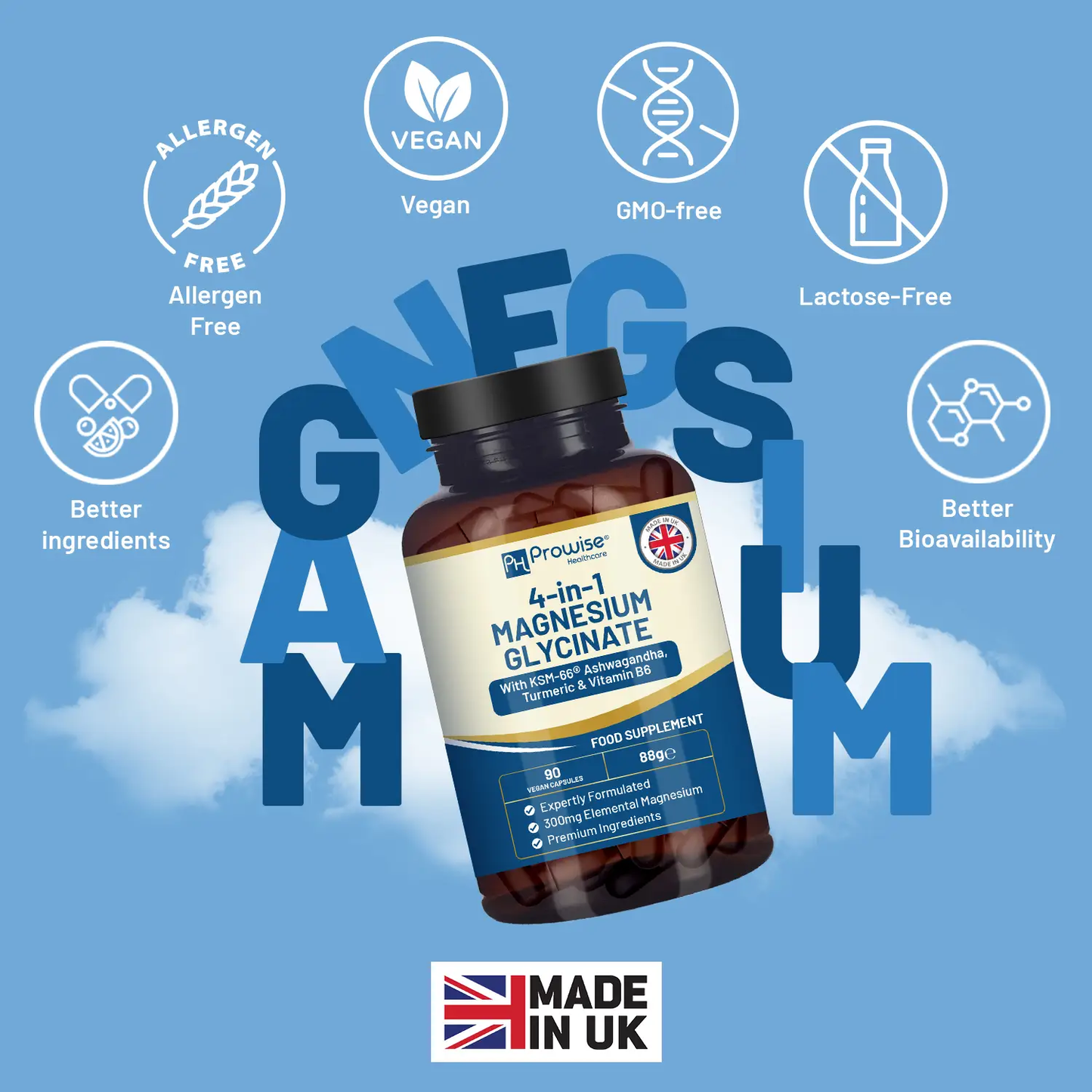 4-in-1 Magnesium Glycinate added with KSM-66 Ashwagandha, Turmeric and Vitamin B6 | 90 Vegan Capsules | 4,001 mg per serving | Easy to Swallow Capsule | GMO & Gluten Free | Premium Quality by Prowise by All Mart Bristol Ltd