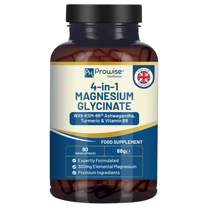 4-in-1 Magnesium Glycinate added with KSM-66 Ashwagandha, Turmeric and Vitamin B6 | 90 Vegan Capsules | 4,001 mg per serving | Easy to Swallow Capsule | GMO & Gluten Free | Premium Quality by Prowise by All Mart Bristol Ltd