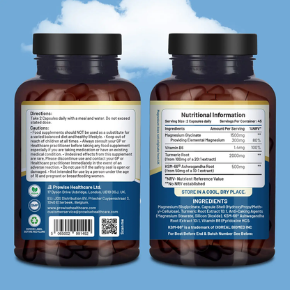 4-in-1 Magnesium Glycinate added with KSM-66 Ashwagandha, Turmeric and Vitamin B6 | 90 Vegan Capsules | 4,001 mg per serving | Easy to Swallow Capsule | GMO & Gluten Free | Premium Quality by Prowise by All Mart Bristol Ltd