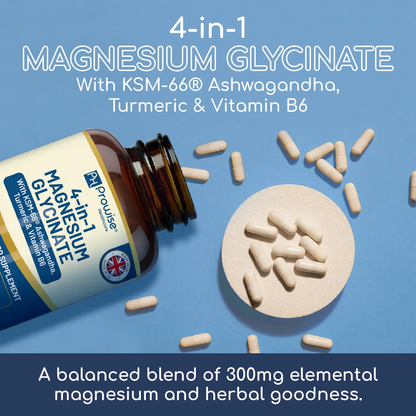 4-in-1 Magnesium Glycinate added with KSM-66 Ashwagandha, Turmeric and Vitamin B6 | 90 Vegan Capsules | 4,001 mg per serving | Easy to Swallow Capsule | GMO & Gluten Free | Premium Quality by Prowise by All Mart Bristol Ltd