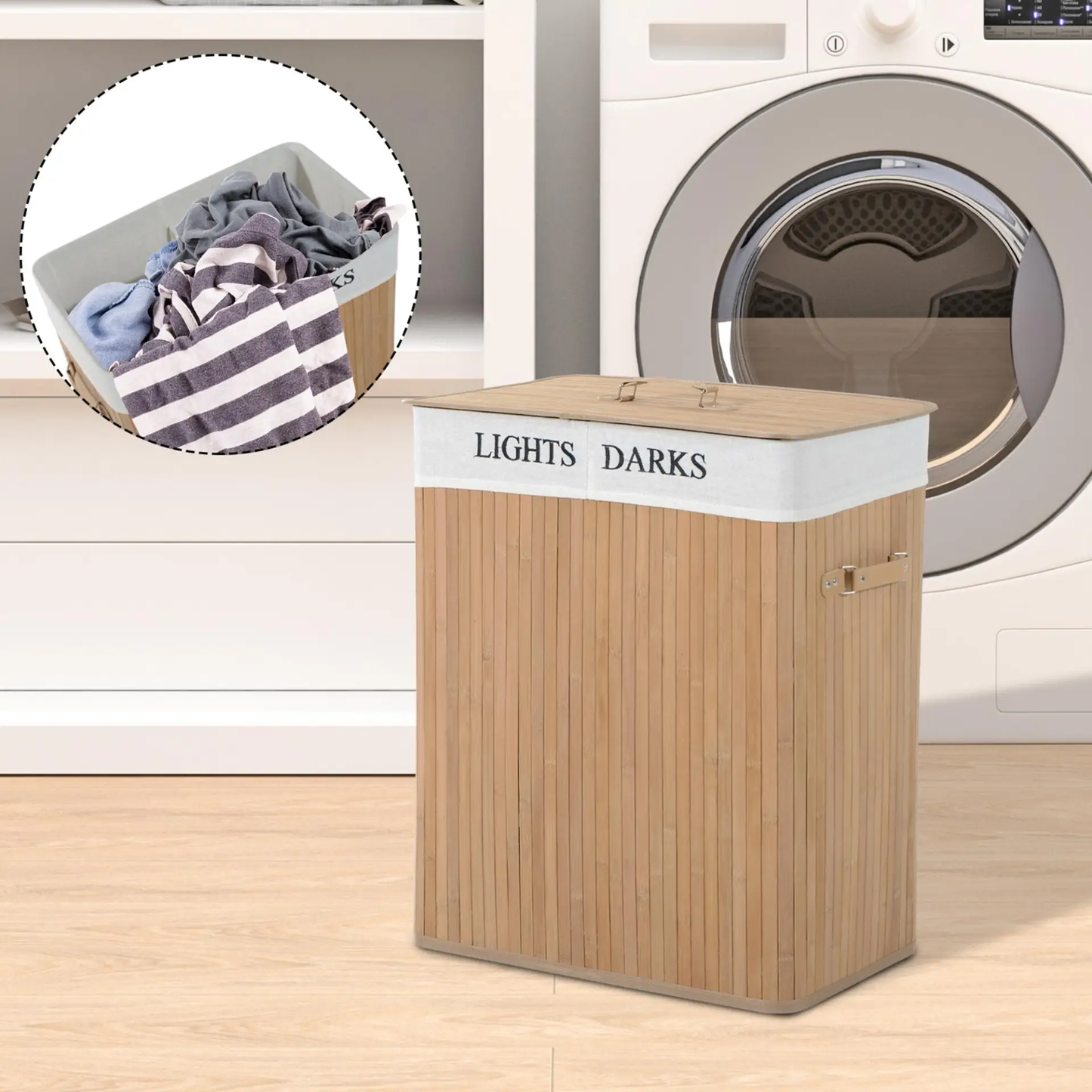 HOMCOM 100L Collapsible Natural Wood Laundry Hamper Organizer Clothes Washing Basket Bin Storage Box w/Lid Removable Lining 52x32x63cm, Wood Color by All Mart Bristol Ltd