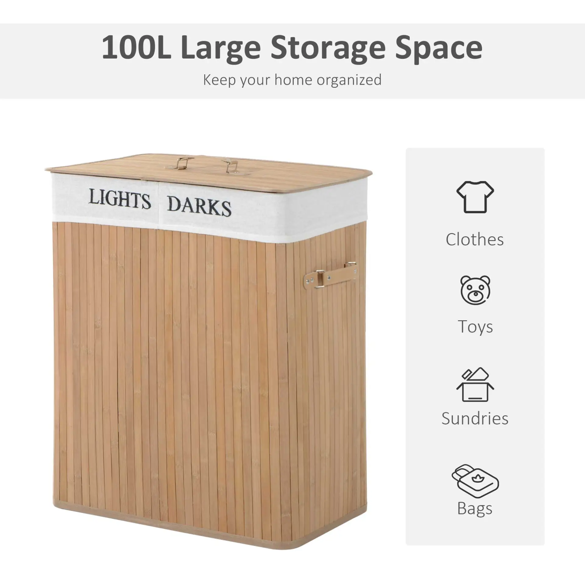 HOMCOM 100L Collapsible Natural Wood Laundry Hamper Organizer Clothes Washing Basket Bin Storage Box w/Lid Removable Lining 52x32x63cm, Wood Color by All Mart Bristol Ltd