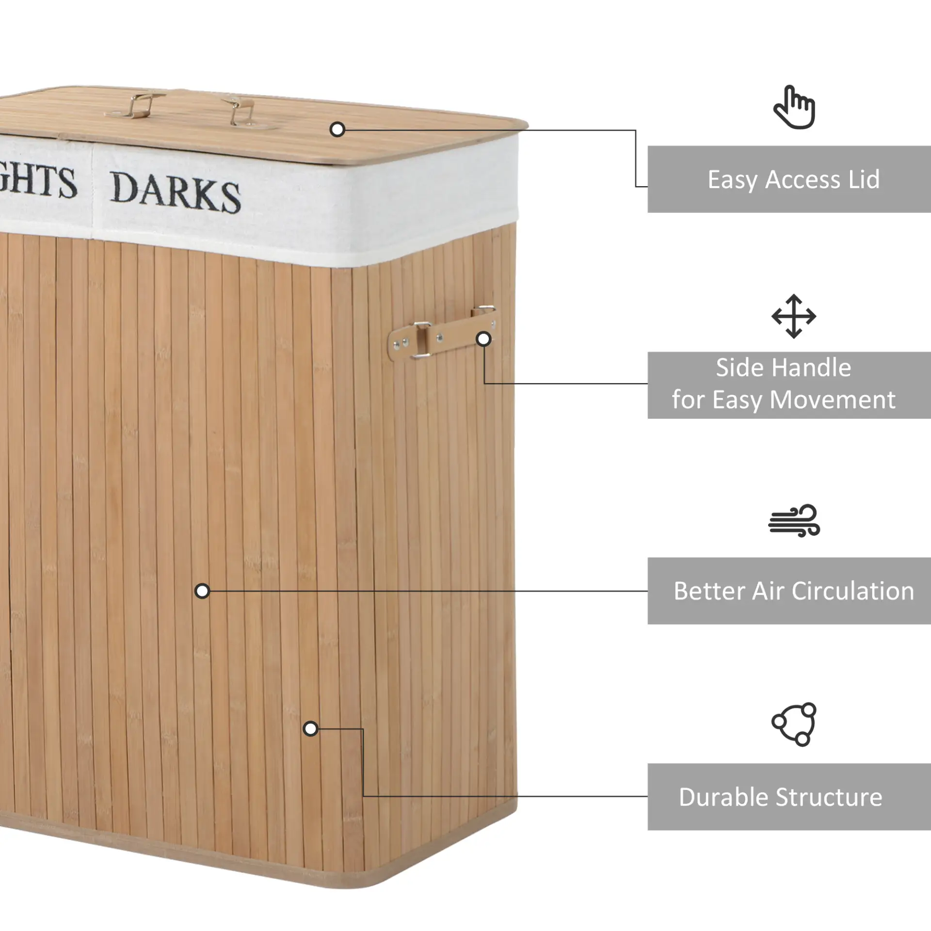 HOMCOM 100L Collapsible Natural Wood Laundry Hamper Organizer Clothes Washing Basket Bin Storage Box w/Lid Removable Lining 52x32x63cm, Wood Color by All Mart Bristol Ltd