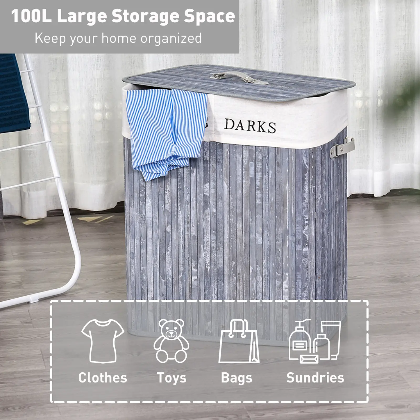HOMCOM 100L Collapsible Natural Wood Laundry Hamper Organizer Clothes Washing Basket Bin Storage Box w/Lid Removable Lining 52x32x63cm, Grey by All Mart Bristol Ltd