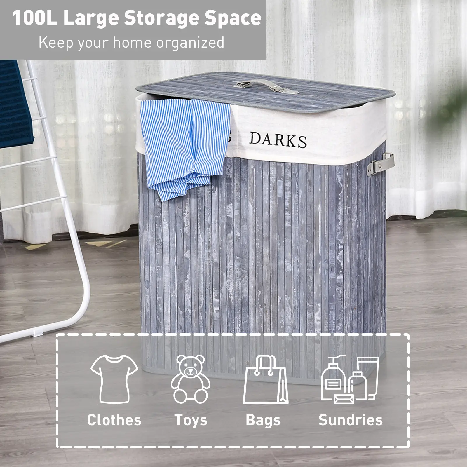 HOMCOM 100L Collapsible Natural Wood Laundry Hamper Organizer Clothes Washing Basket Bin Storage Box w/Lid Removable Lining 52x32x63cm, Grey by All Mart Bristol Ltd