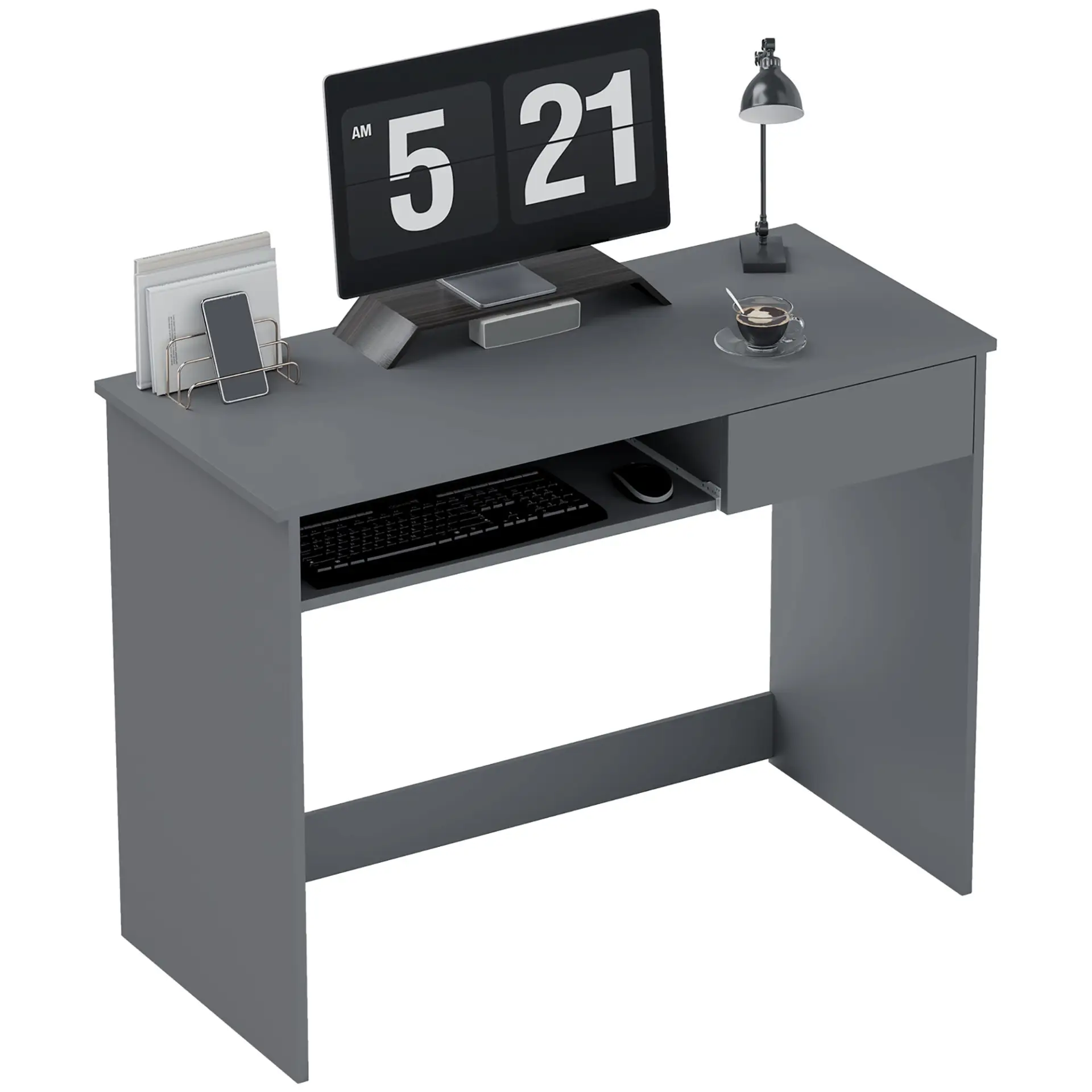 HOMCOM 100cm Compact Computer Desk with Keyboard Tray, Home Office Desk with Drawer for Bedroom Study, Grey by All Mart Bristol Ltd