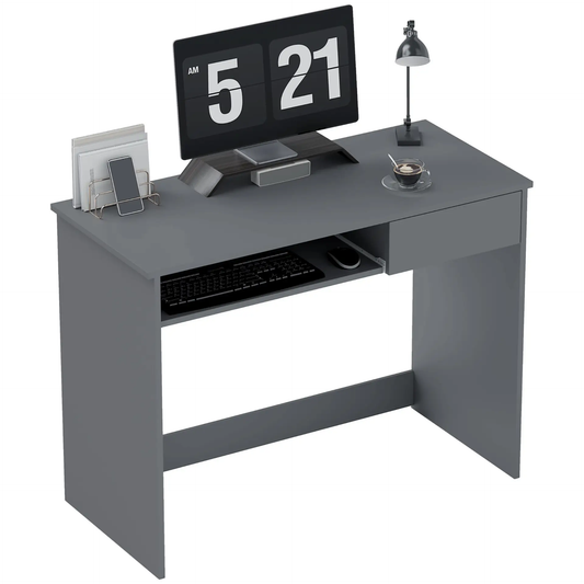 HOMCOM 100cm Compact Computer Desk with Keyboard Tray, Home Office Desk with Drawer for Bedroom Study, Grey by All Mart Bristol Ltd