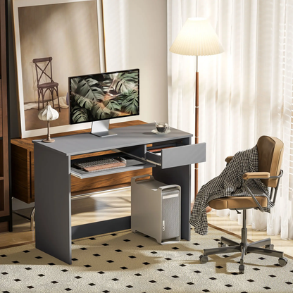 HOMCOM 100cm Compact Computer Desk with Keyboard Tray, Home Office Desk with Drawer for Bedroom Study, Grey by All Mart Bristol Ltd