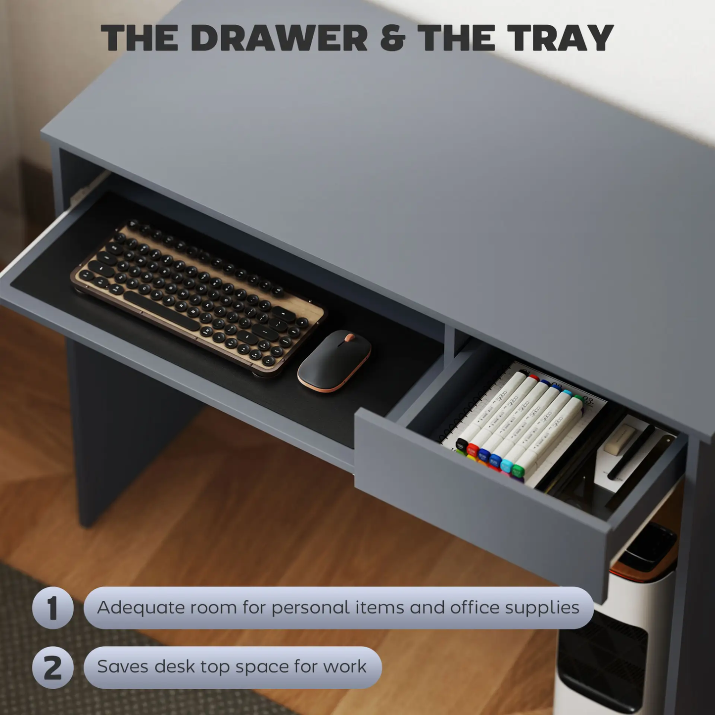 HOMCOM 100cm Compact Computer Desk with Keyboard Tray, Home Office Desk with Drawer for Bedroom Study, Grey by All Mart Bristol Ltd
