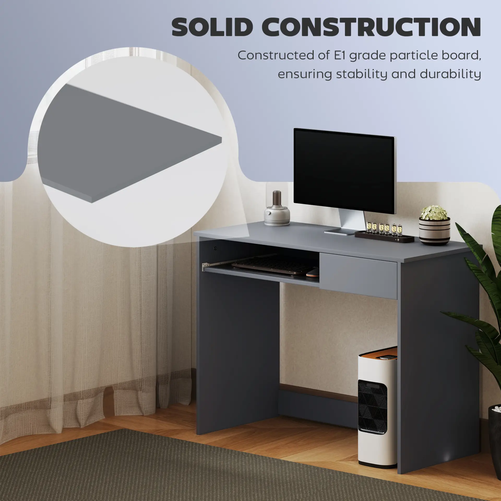 HOMCOM 100cm Compact Computer Desk with Keyboard Tray, Home Office Desk with Drawer for Bedroom Study, Grey by All Mart Bristol Ltd