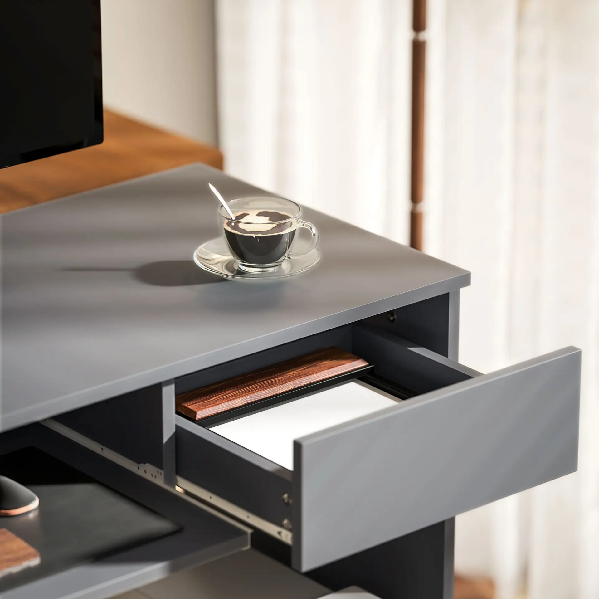 HOMCOM 100cm Compact Computer Desk with Keyboard Tray, Home Office Desk with Drawer for Bedroom Study, Grey by All Mart Bristol Ltd