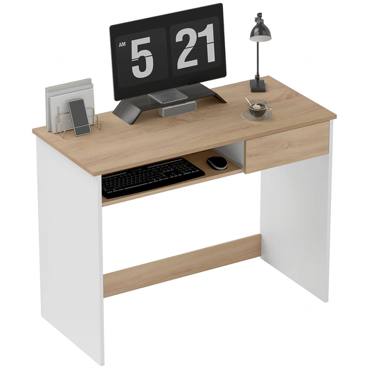 HOMCOM 100cm Compact Computer Desk with Keyboard Tray, Home Office Desk with Drawer for Bedroom Study, Oak by All Mart Bristol Ltd