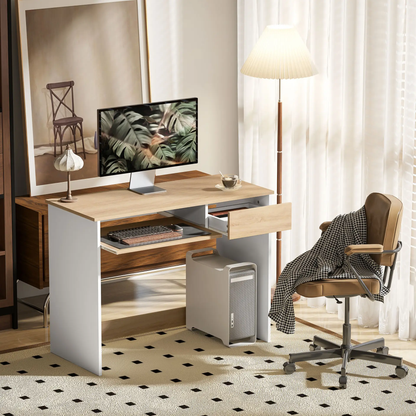 HOMCOM 100cm Compact Computer Desk with Keyboard Tray, Home Office Desk with Drawer for Bedroom Study, Oak by All Mart Bristol Ltd