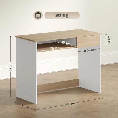 HOMCOM 100cm Compact Computer Desk with Keyboard Tray, Home Office Desk with Drawer for Bedroom Study, Oak by All Mart Bristol Ltd