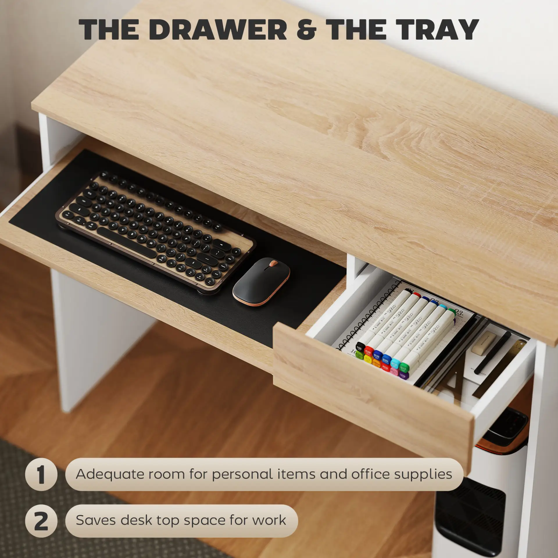 HOMCOM 100cm Compact Computer Desk with Keyboard Tray, Home Office Desk with Drawer for Bedroom Study, Oak by All Mart Bristol Ltd