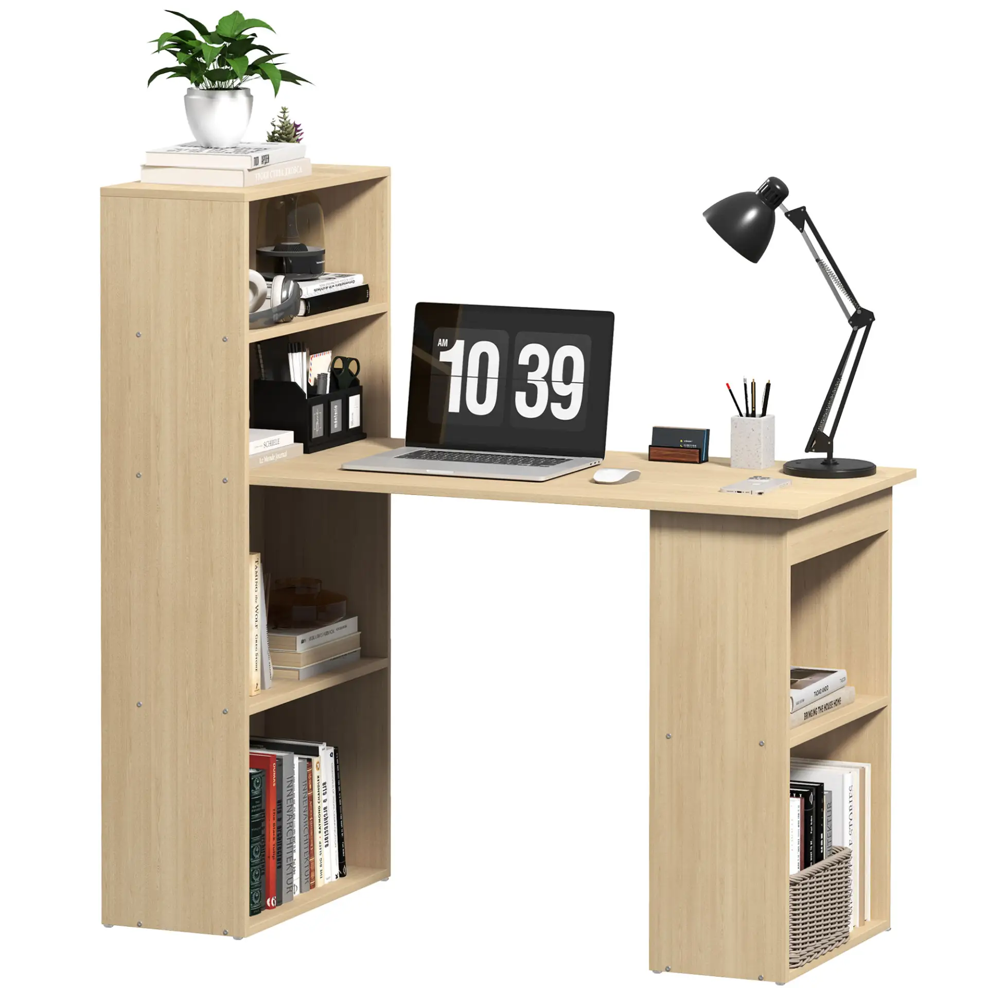 HOMCOM 120cm Computer Desk, Wooden PC Laptop Table with 6-Tier Storage Bookshelves, Home Office Working Study Desk, Writing Workstation, Natural Wood by All Mart Bristol Ltd