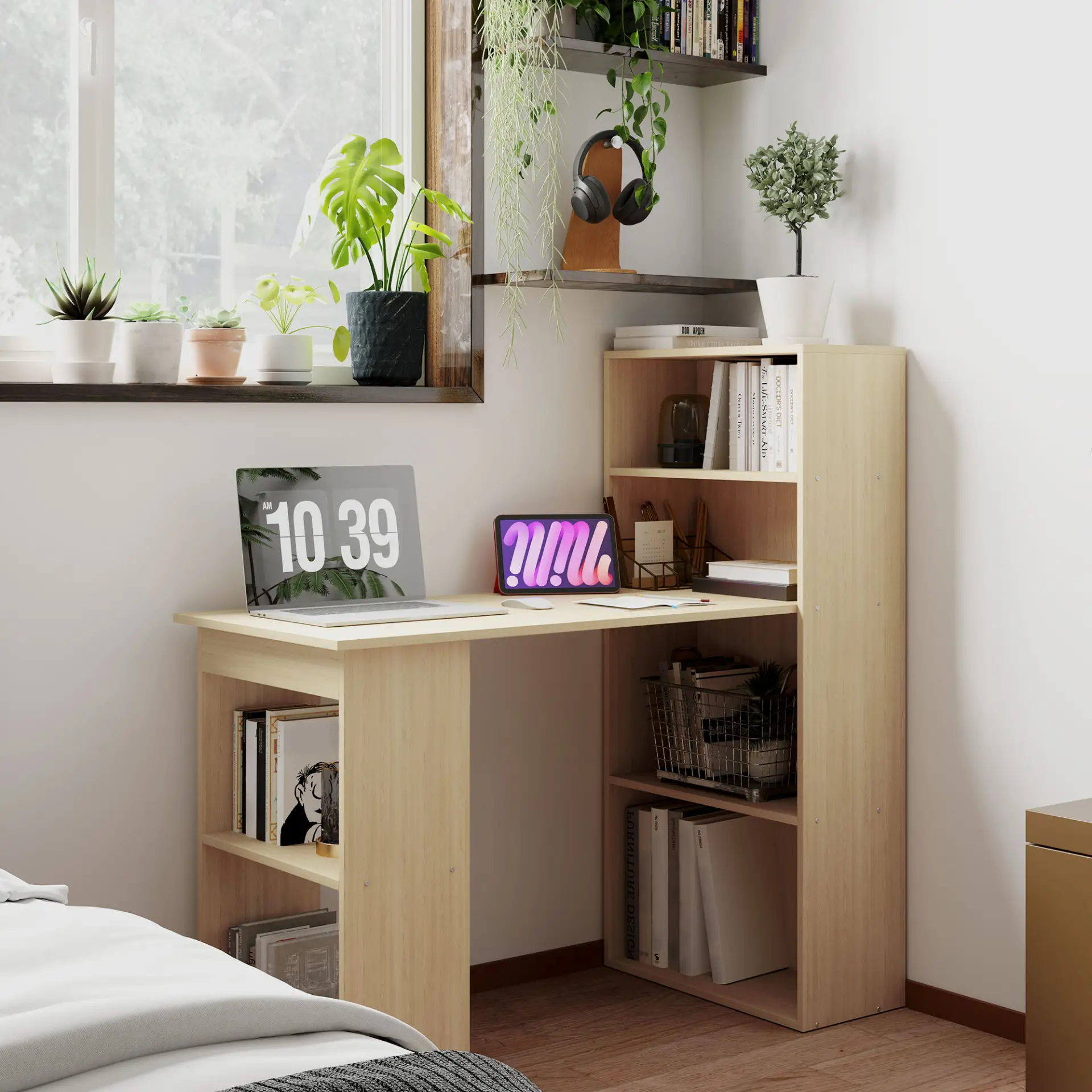HOMCOM 120cm Computer Desk, Wooden PC Laptop Table with 6-Tier Storage Bookshelves, Home Office Working Study Desk, Writing Workstation, Natural Wood by All Mart Bristol Ltd